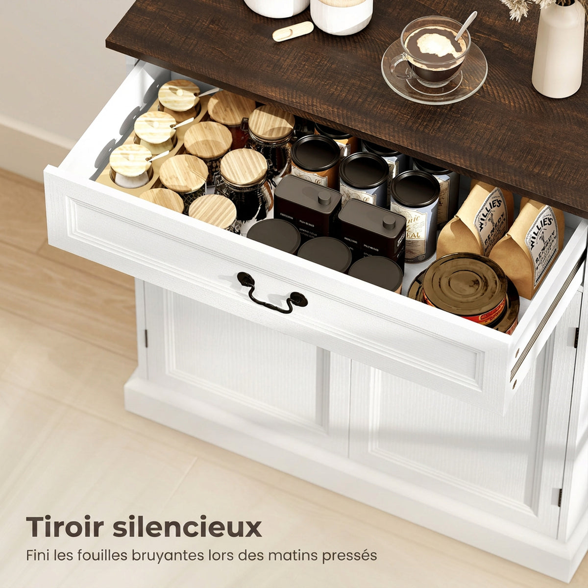 Credenza da soggiorno, mobile contenitore con 2 ante, cassetto silenzioso, ripiano regolabile, 80x40x85cm, bianco e marrone