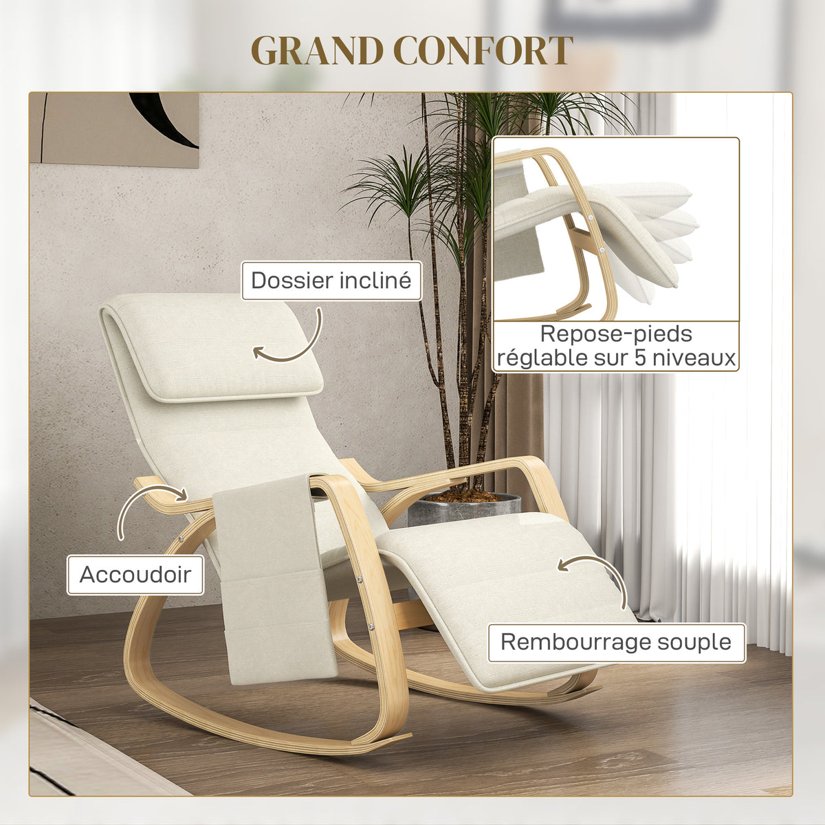 Fauteuil relax à bascule fauteuil allaitement avec repose-pieds réglable, poche latérale et appui-tête, blanc crème