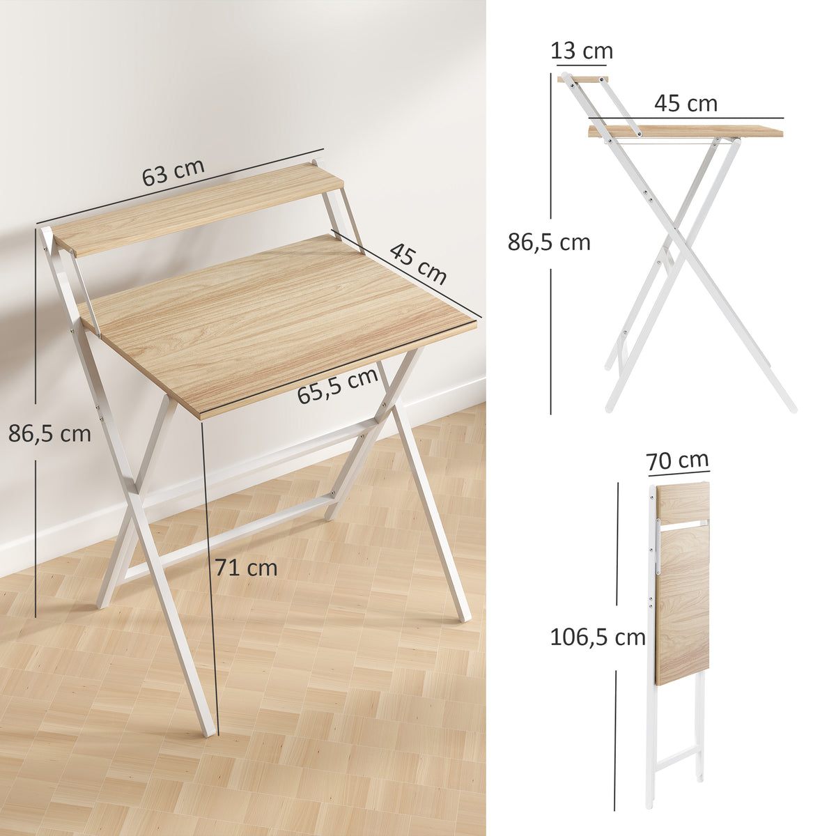 Scrivania pieghevole 65,5 x 45 cm con ripiano portaoggetti per camera da letto, piccoli spazi, legno naturale