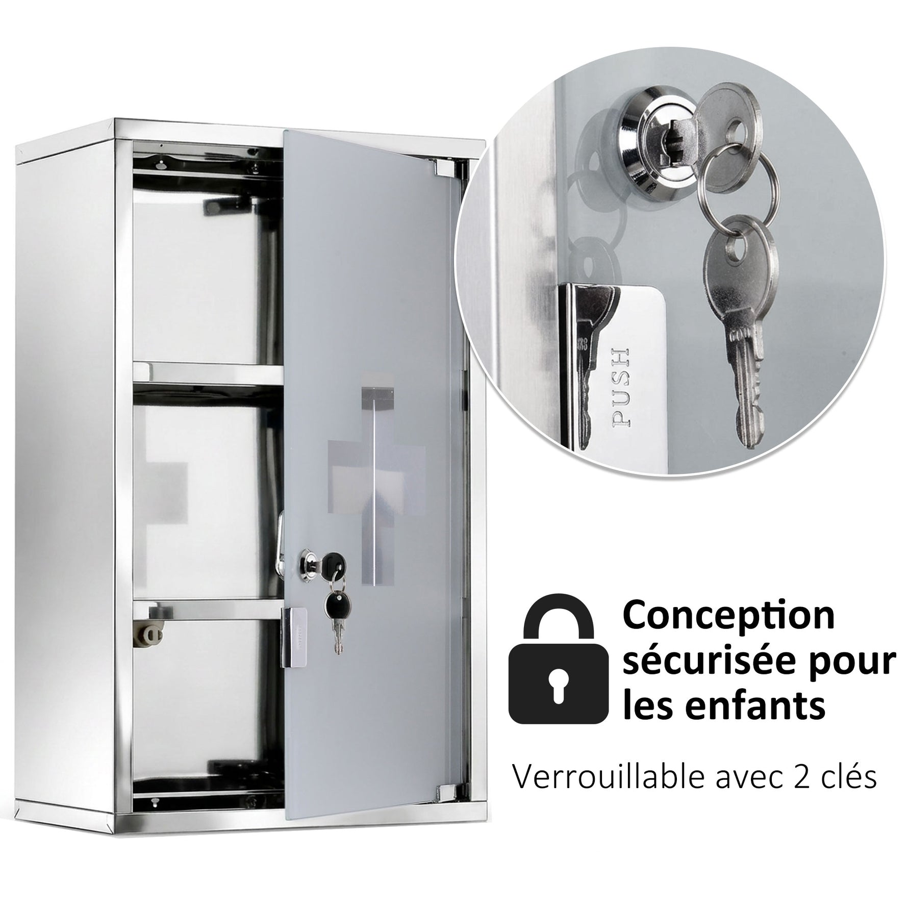 Armoire à pharmacie murale à 3 niveaux en acier inoxydable avec porte verrouillable en verre avec 2 clés