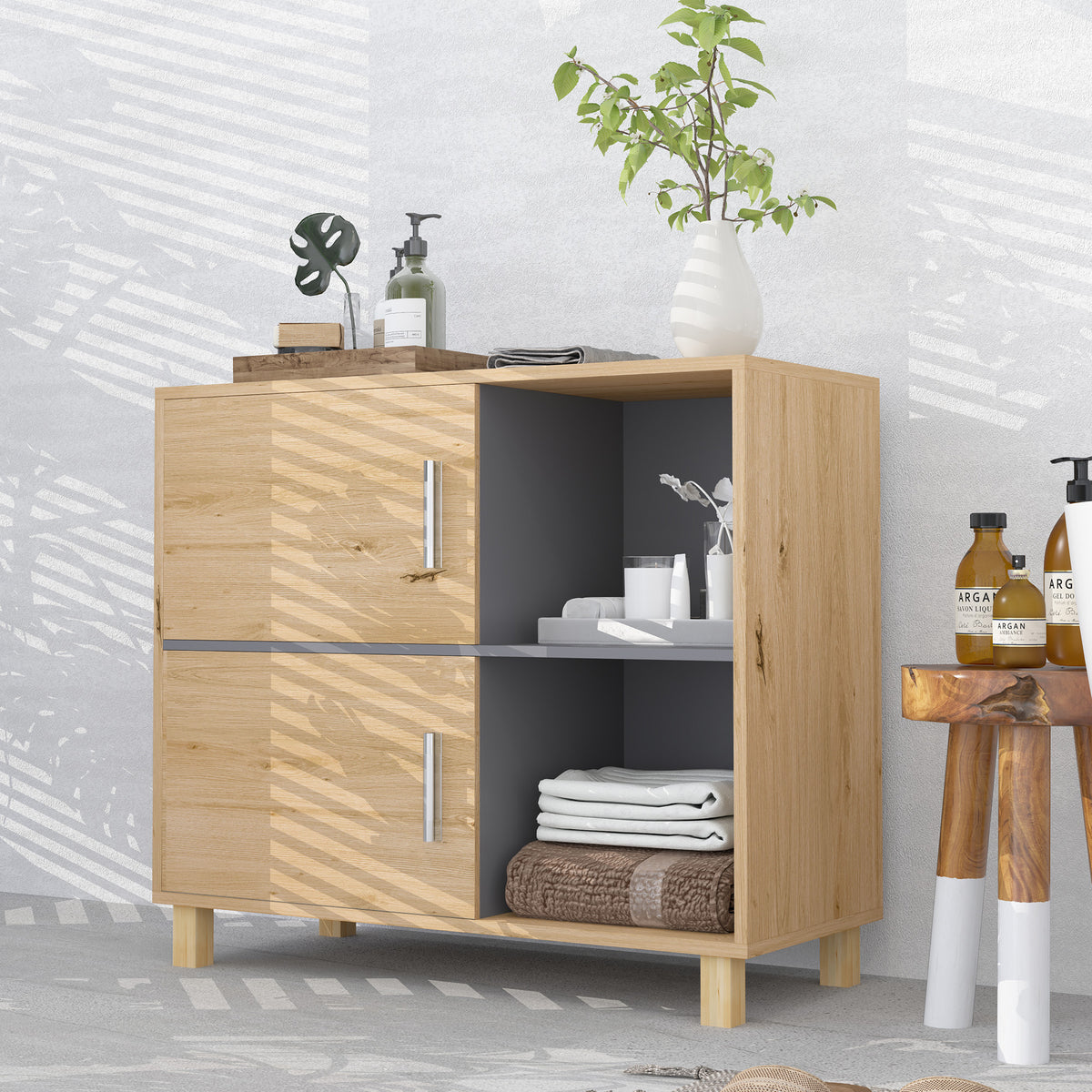 Meuble de salle de bain, meuble de rangement avec compartiments ouverts et placard, dim. 80 x 35 x 70 cm, bois naturel