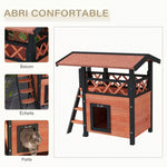 Buitenkattenhuis met terras, trap, dak, villa-nachthok, 77 x 50 x 73 cm bruin en rood