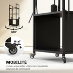 Chariot range bûches intérieur, porte-bûches roulettes, 4 outils de cheminée, 4 étagères, métal, 45 x 30 x 118 cm, noir