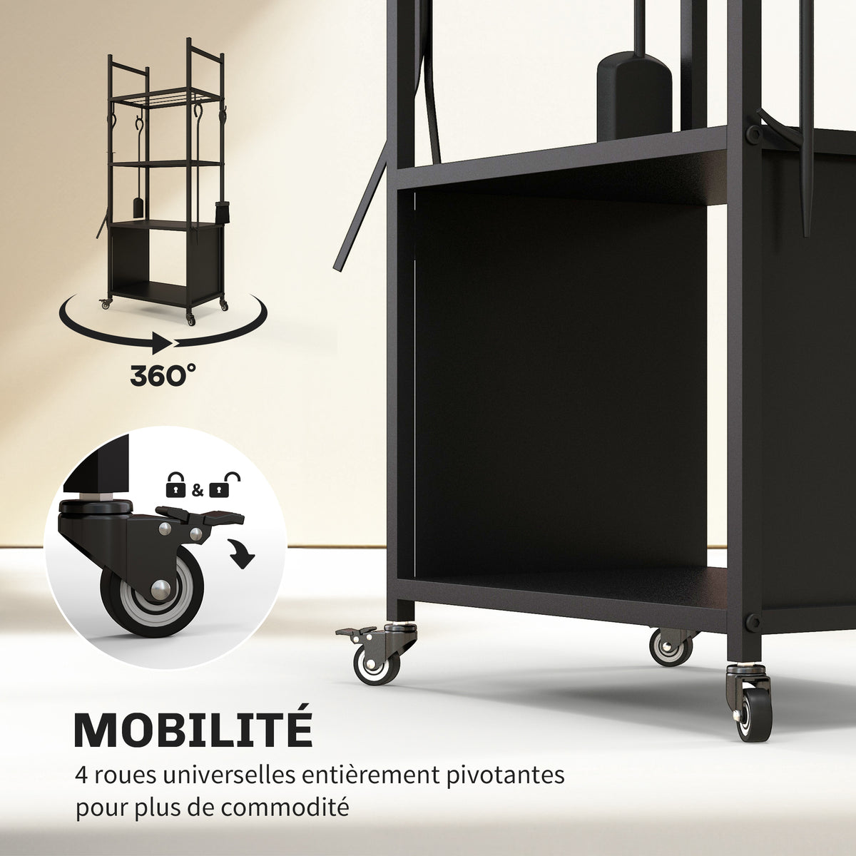 Chariot range bûches intérieur, porte-bûches roulettes, 4 outils de cheminée, 4 étagères, métal, 45 x 30 x 118 cm, noir