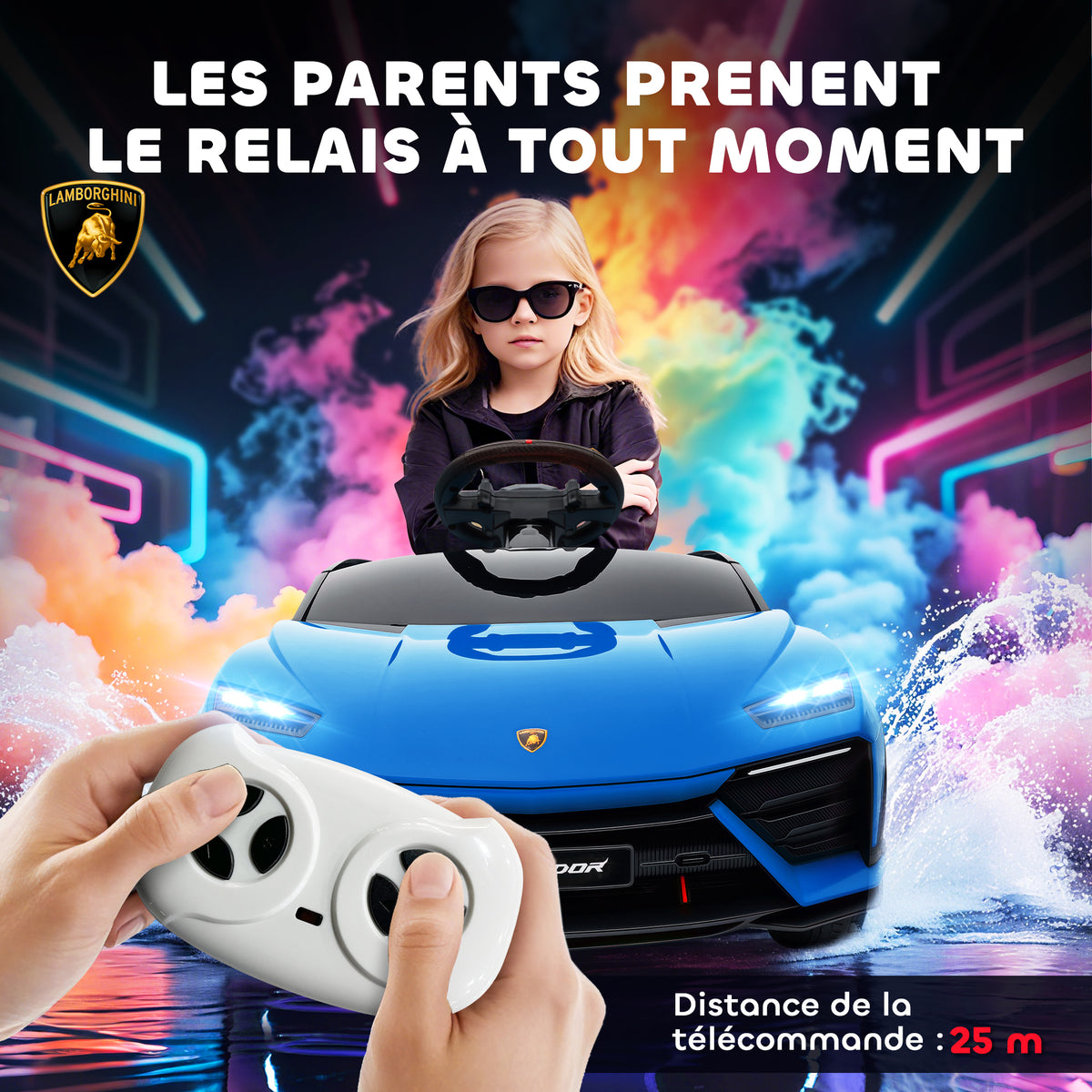 Voiture électrique enfant véhicule électrique Lamborghini 12V télécommande 2,4G et 2 moteurs vitesse max. 4 km/h bleu