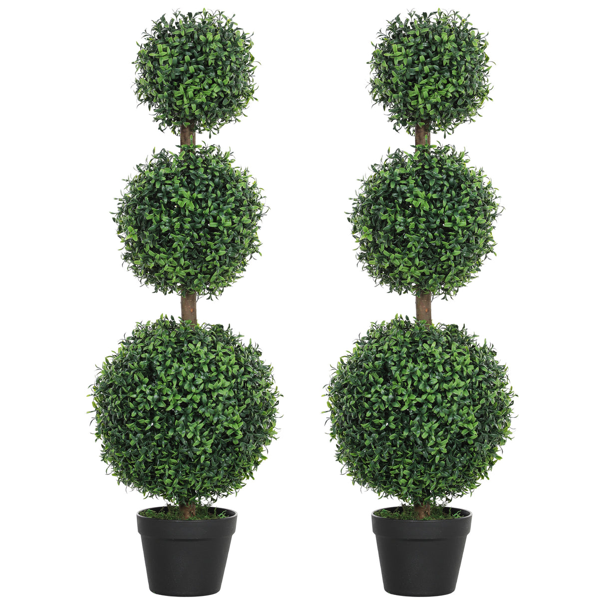 2er-Set künstliche Buchsbaum-Topiary-Bäume, 101,6 cm, 3 Kugeln, künstliche Pflanze aus PE, grün, mit Topf für innen und außen