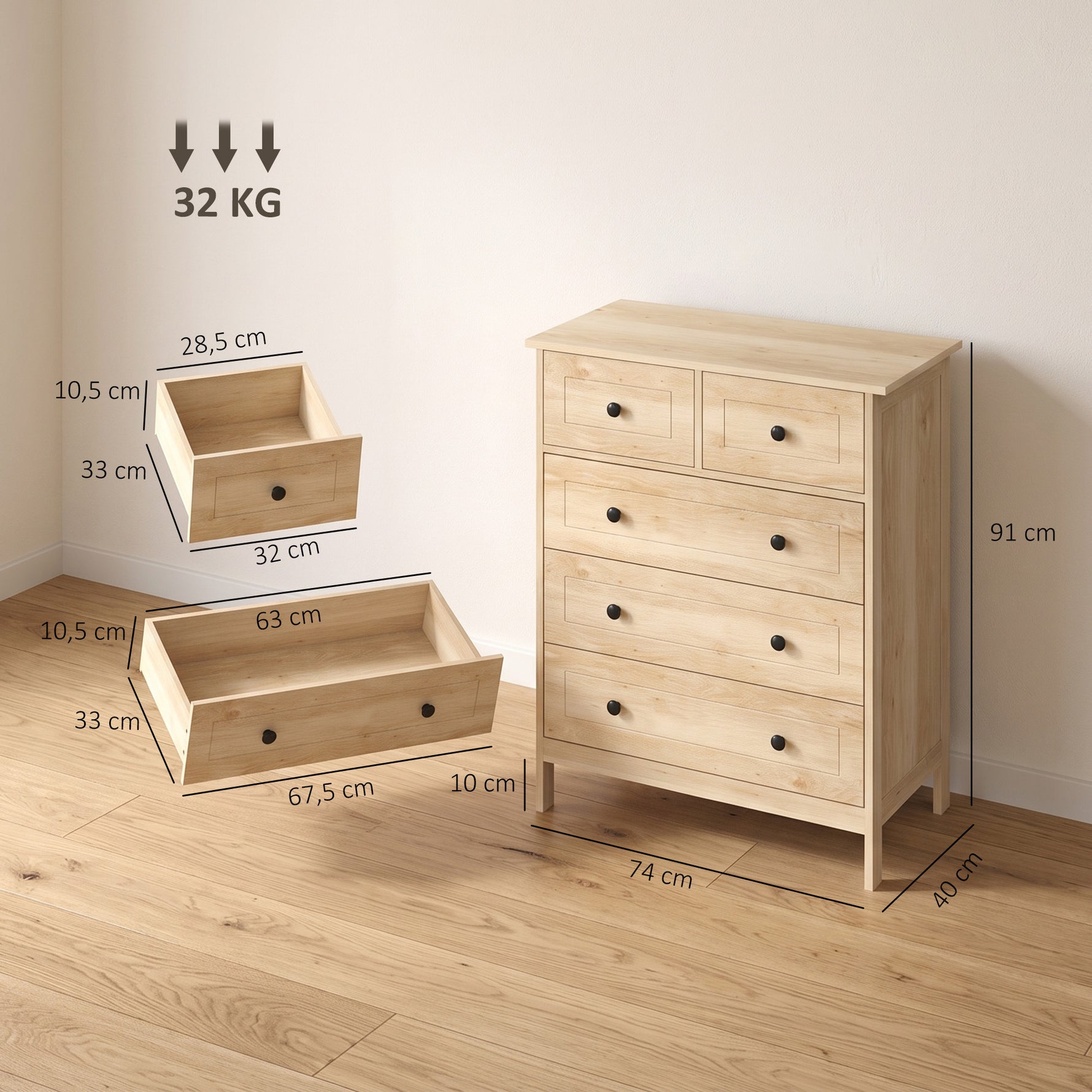 Commode meuble de rangement 5 tiroirs pour chambre, bureau, entrée, chêne et poignée métal noir