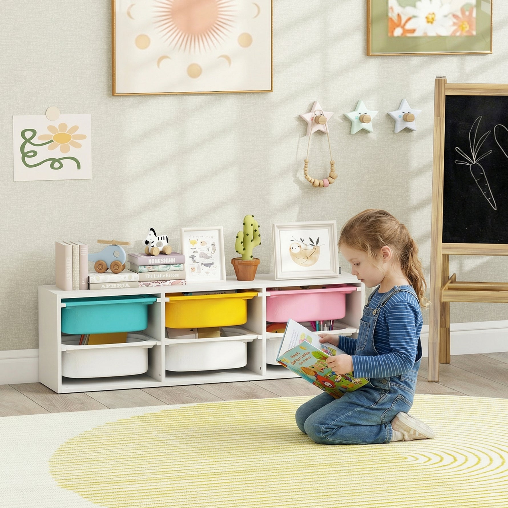 Meuble rangement enfant à 2 niveaux, étagère de rangement pour jouets enfants avec 6 bacs amovibles, 97x21x29cm, blanc