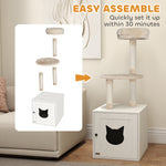 Arbre à chat avec maison de toilettes, tour de jeu 2-en-1 de 129 cm avec cache-litière, poteaux à griffer, crème