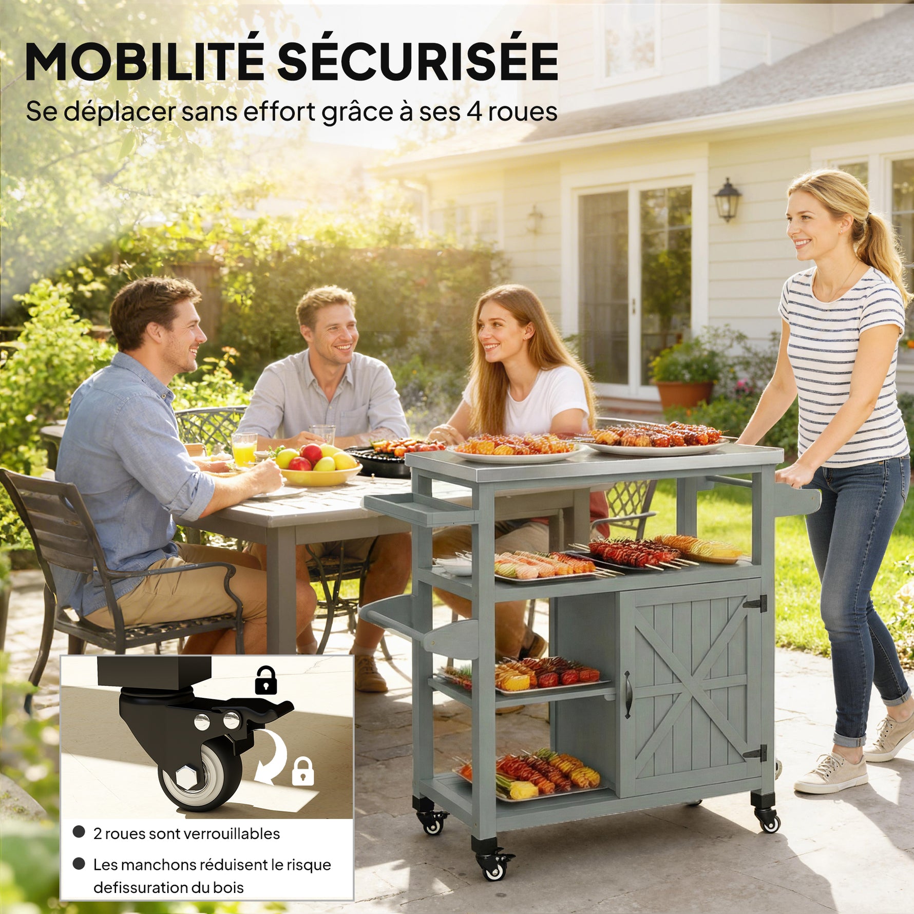 Desserte jardin chariot de barbecue sur roulettes avec plateau en acier inoxydable 107x49,5x92,5cm gris
