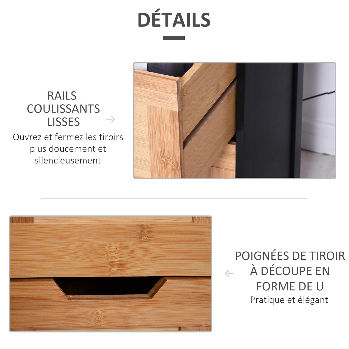 Colonna da bagno portaoggetti stile accogliente dim. 30L x 30P x 144A cm 3 ripiani 2 cassetti Bambù Nero