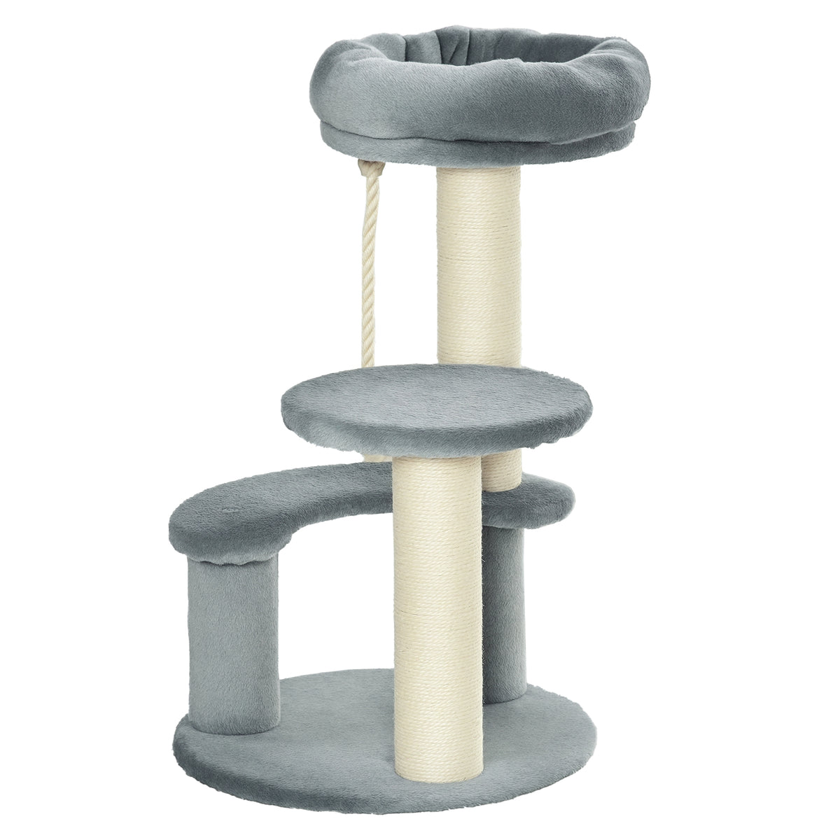 Arbre à chats 2 griffoirs grattoirs sisal naturel 3 plateformes corde à grimper dim. Ø 40 x 65H cm peluche haute densité 500 g/m² gris