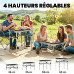 Table pliante aluminium, table de camping pliante, poignée 4 hauteurs réglables avec Rangement 60x40x60cm, blanc
