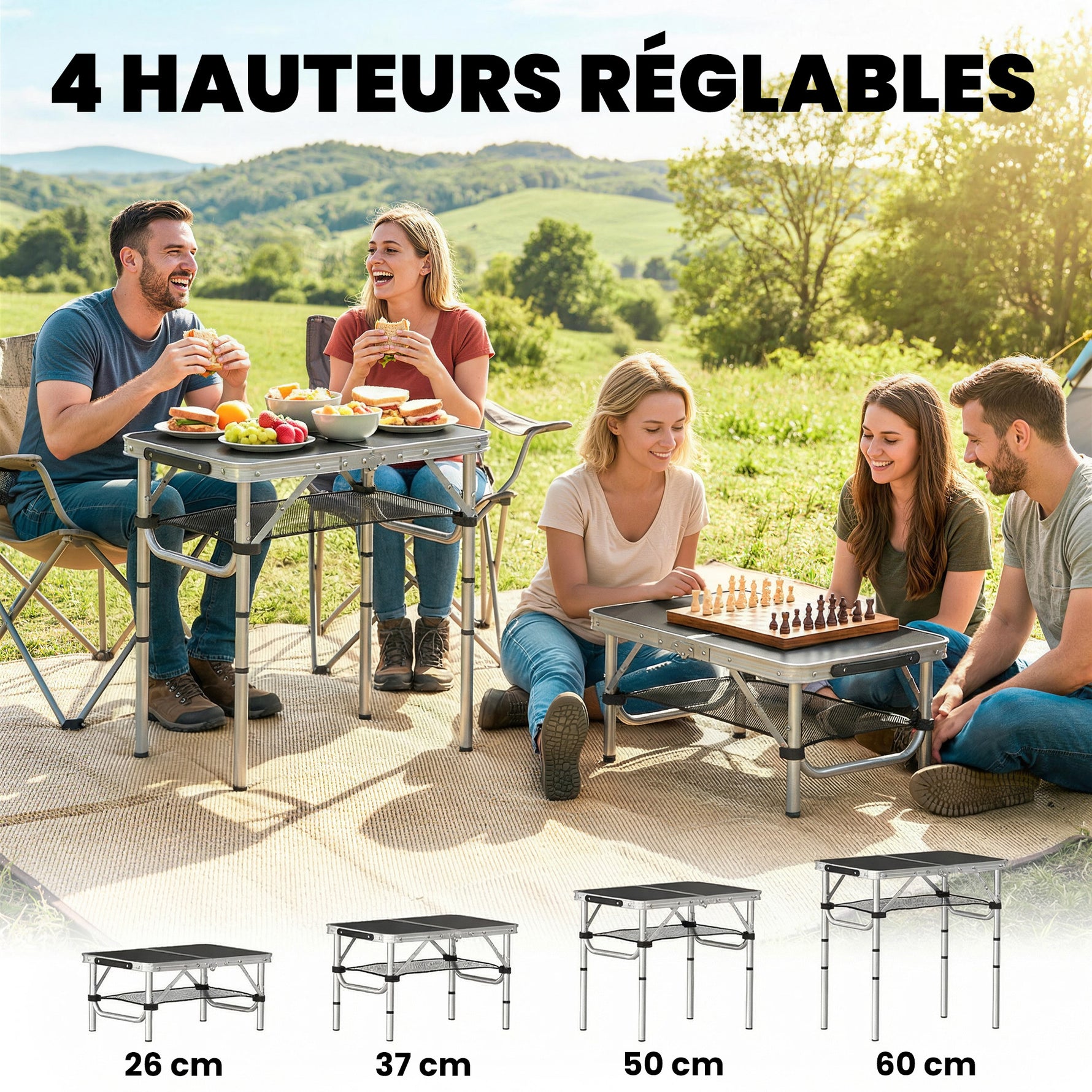Table pliante aluminium, table de camping pliante, poignée 4 hauteurs réglables avec Rangement 60x40x60cm, blanc