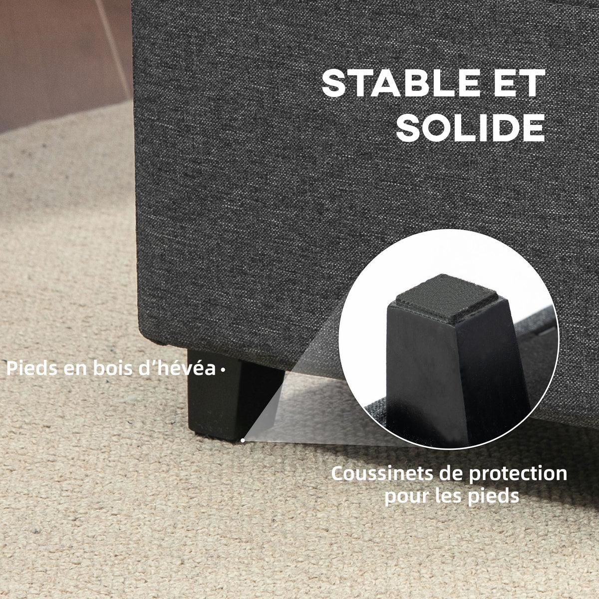 Poggiapiedi da salotto, pouf, seduta imbottita capitonné in tessuto effetto lino con tasca laterale, 35 x 35 x 35 cm, grigio