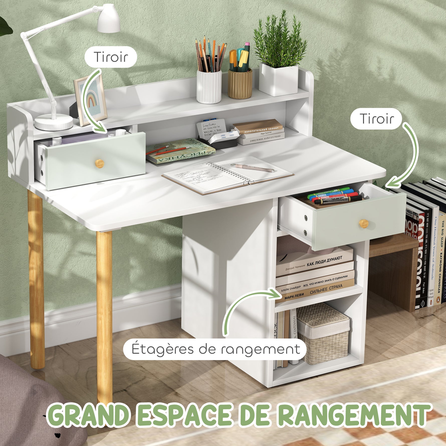 Bureau enfant avec chaise, table enfant et chaise avec 2 tiroirs et étagères ouvertes, 85 x 48 x 73 cm, vert