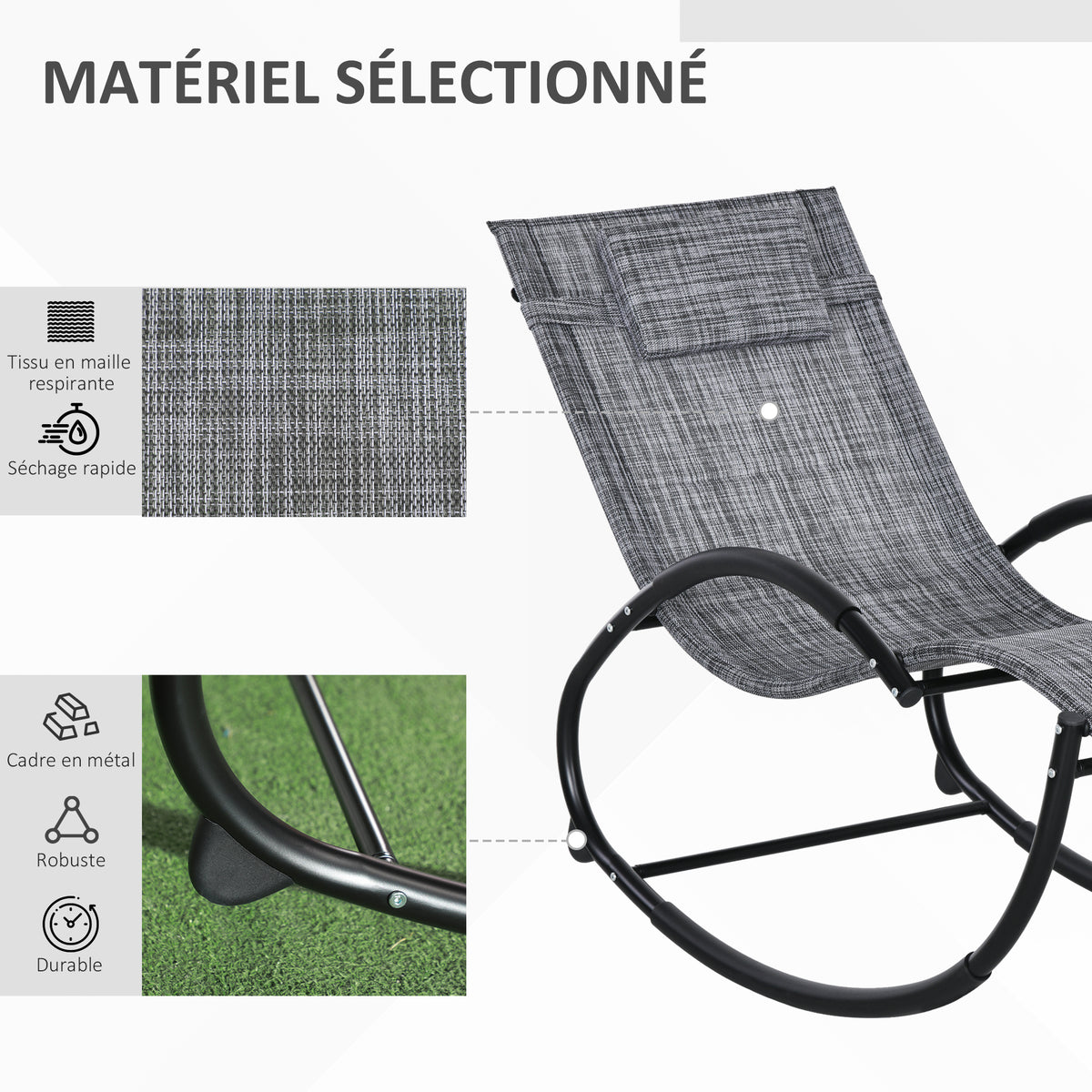 Chaise longue à bascule avec tétière utilisation extérieure intérieure gris chiné