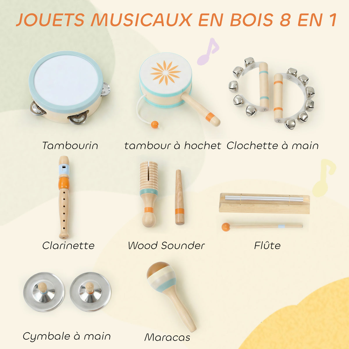 Instruments de Musique pour Enfants, Jouets Musicaux en Bois d'Inspiration avec Tambourin et Maracas pour Enfants 3+ Ans