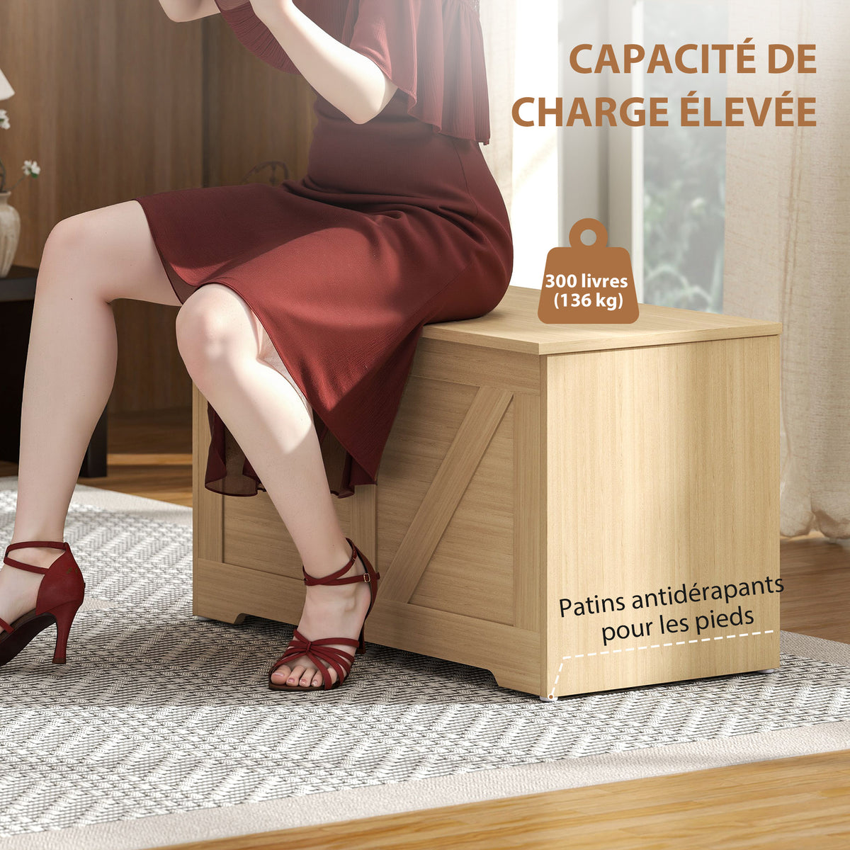Coffre de rangement, banc de rangement avec couvercle rabattable et charnières de sécurité, 80 x 40 x 45 cm, bois naturel