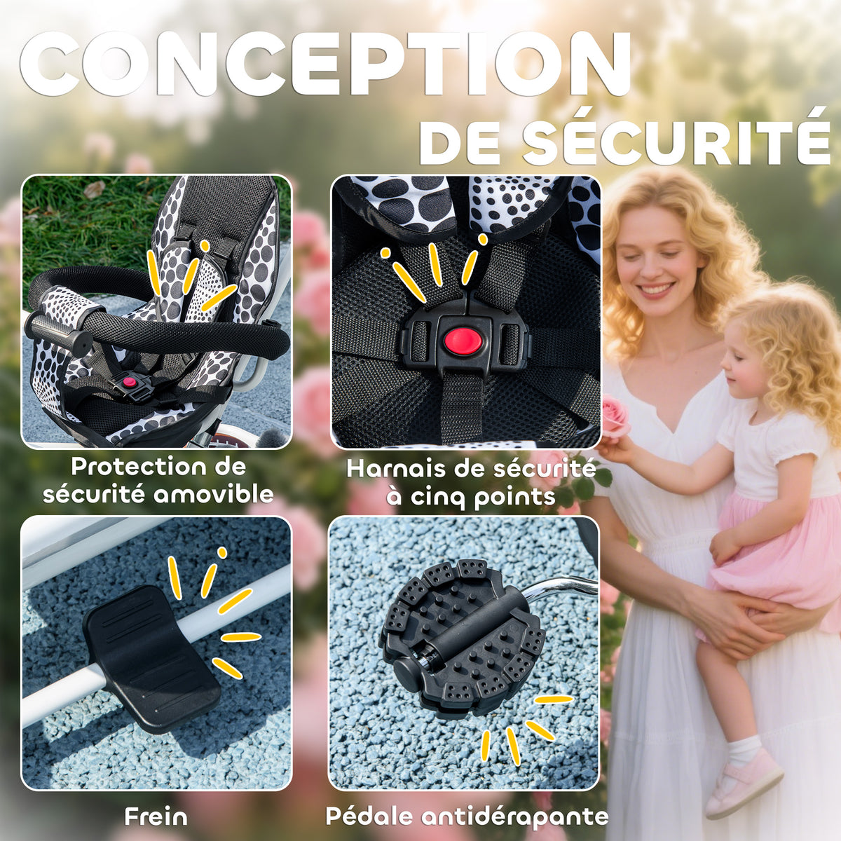 Tricycle Enfants Pare-Soleil Pliable Canne Amovible Benne Rangement 105 x 47 x 98 cm Acier Blanc et Noir
