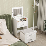 Coiffeuse avec miroir relevable et tabouret à roulettes, table de maquillage avec 2 tiroirs, coussin amovible, blanc