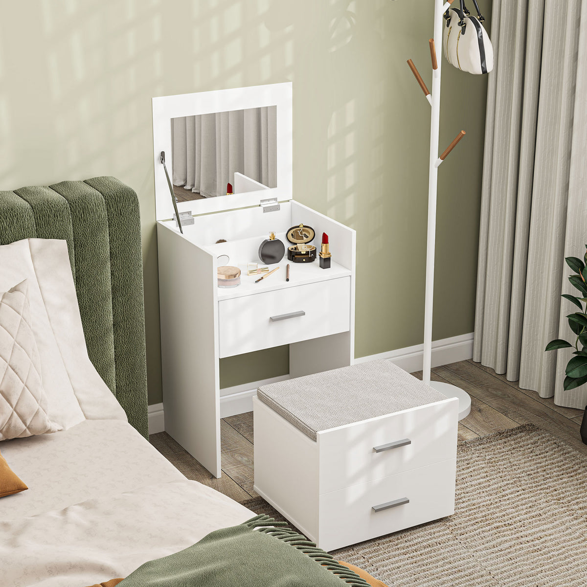 Coiffeuse avec miroir relevable et tabouret à roulettes, table de maquillage avec 2 tiroirs, coussin amovible, blanc