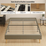 Cadre de lit 140 x 190 cm avec sommier à lattes en bois, lit double rembourré en velours côtelé, gris