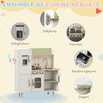 Cuisine enfant 3-8 ans jeu d'imitation avec machine à glaçons, évier mobile en acier inoxydable 84 x 34 x 89 cm blanc