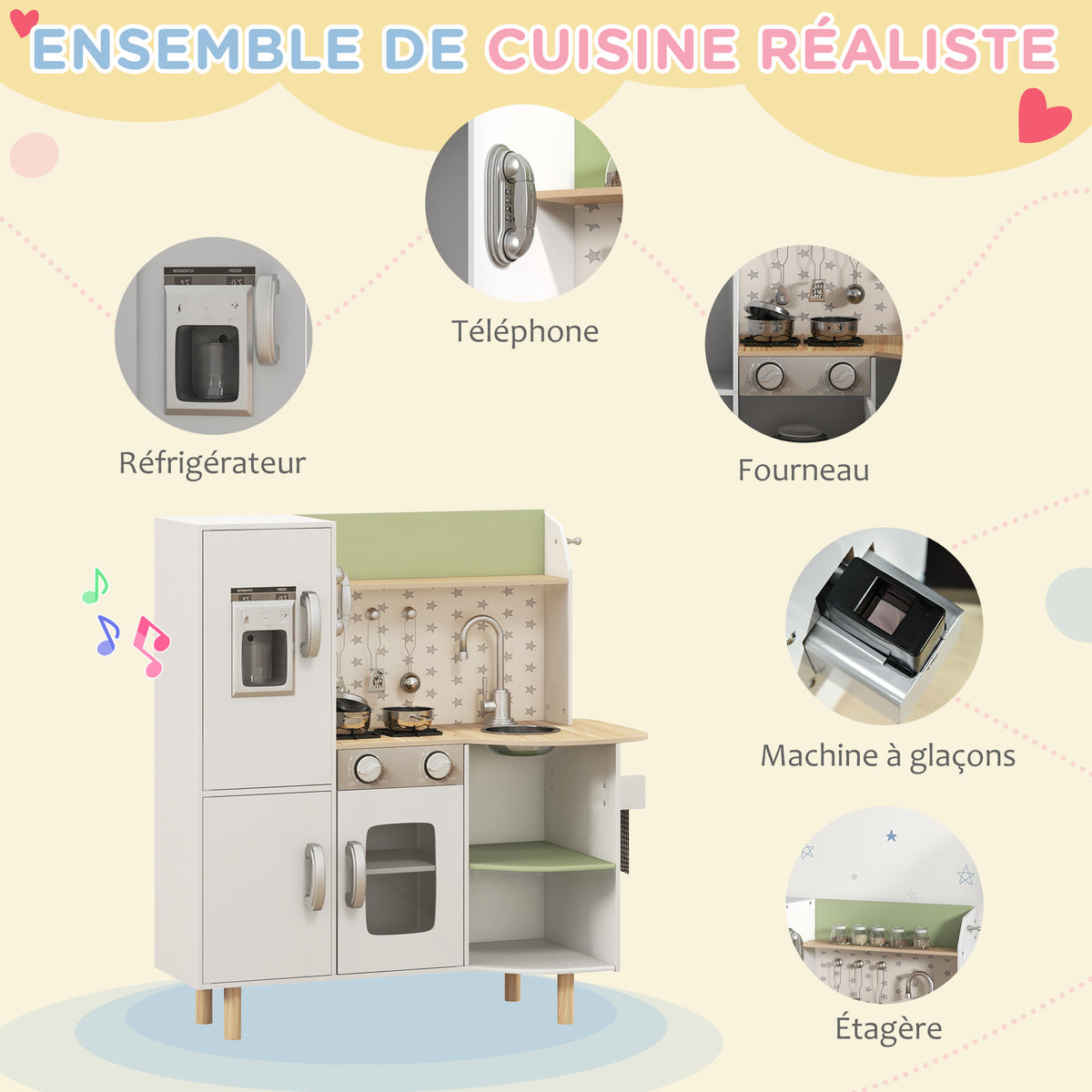 Cuisine enfant 3-8 ans jeu d'imitation avec machine à glaçons, évier mobile en acier inoxydable 84 x 34 x 89 cm blanc