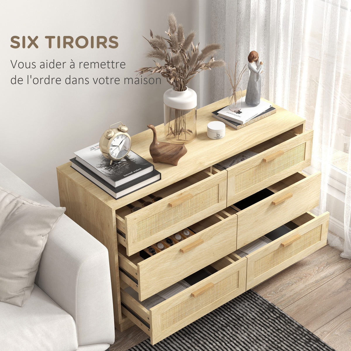 Commode design bohème en rotin avec 6 tiroirs, meuble de rangement pour le salon, le couloir, l'entrée, chêne