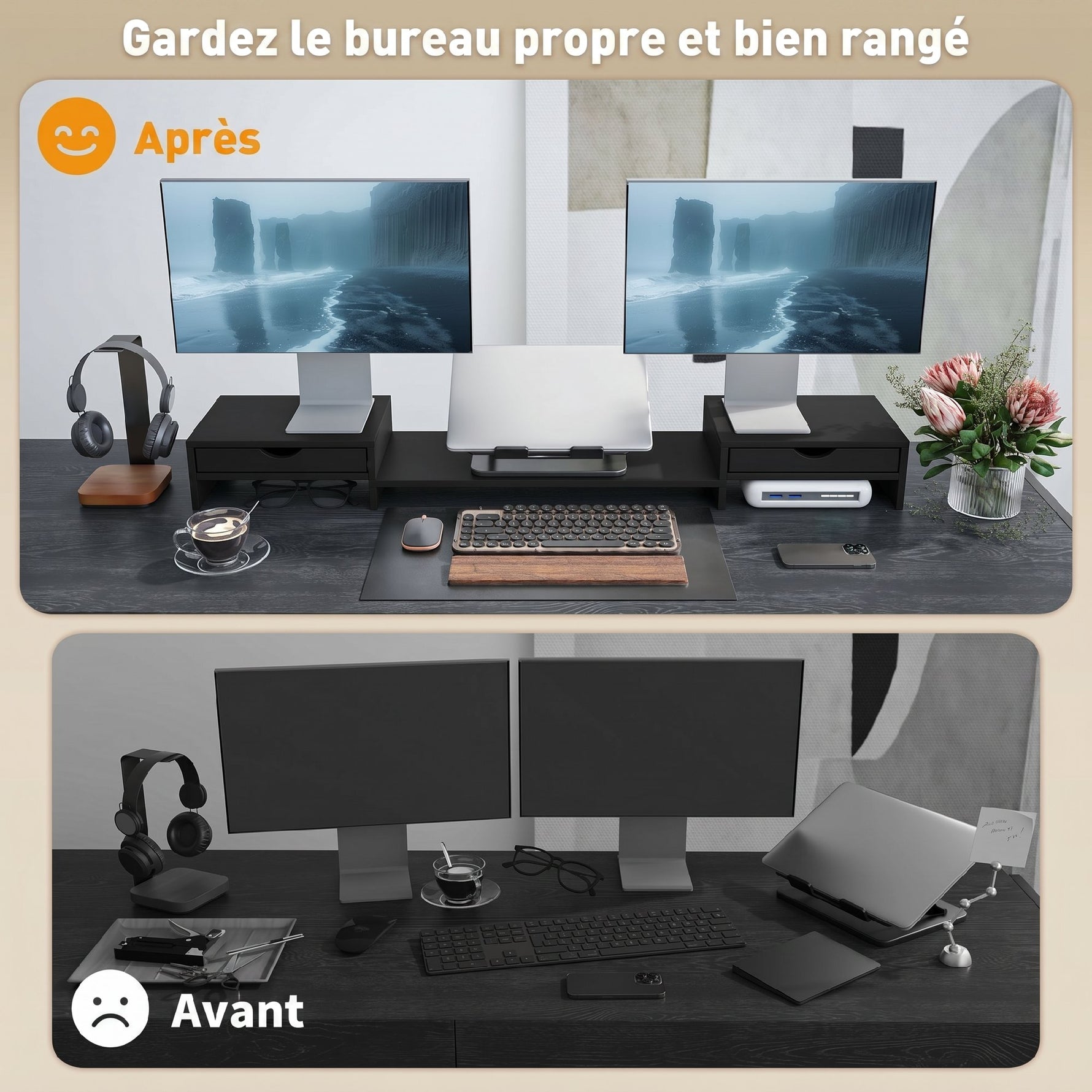 Rehausseur Écran PC Bureau, Support d'Écran d'Ordinateur de 60-116 cm avec 2 Tiroirs, Longueur et Angle Réglables Noir