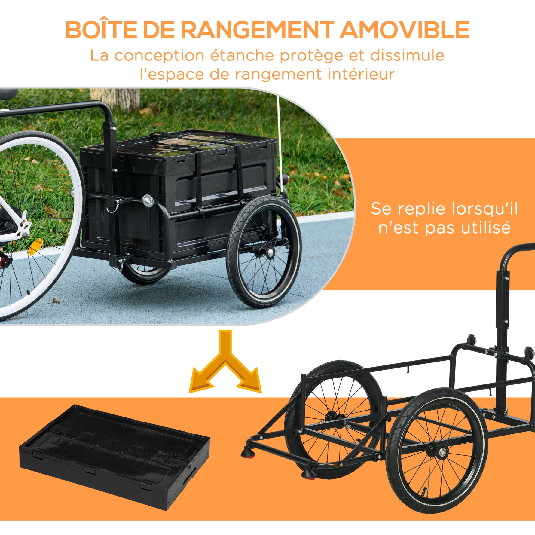 Remorque à vélo avec coffre de rangement amovible et pliable de 65L, réflecteurs de sécurité, charge max. 40KG, noir