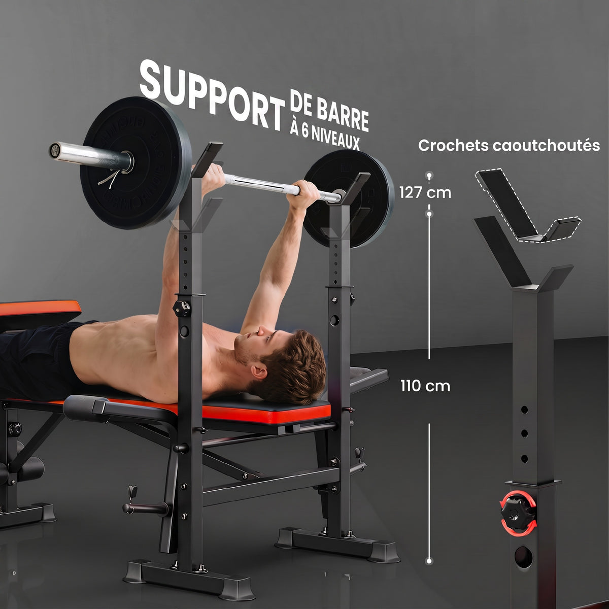 Banc de musculation Fitness entrainement complet avec support d'haltères dossier réglable acier 175 x 139 x 127 cm noir