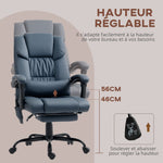 Fauteuil de bureau massant, repose-pied, hauteur réglable, dossier inclinable, télécommande filaire, 66x75x122cm, bleu