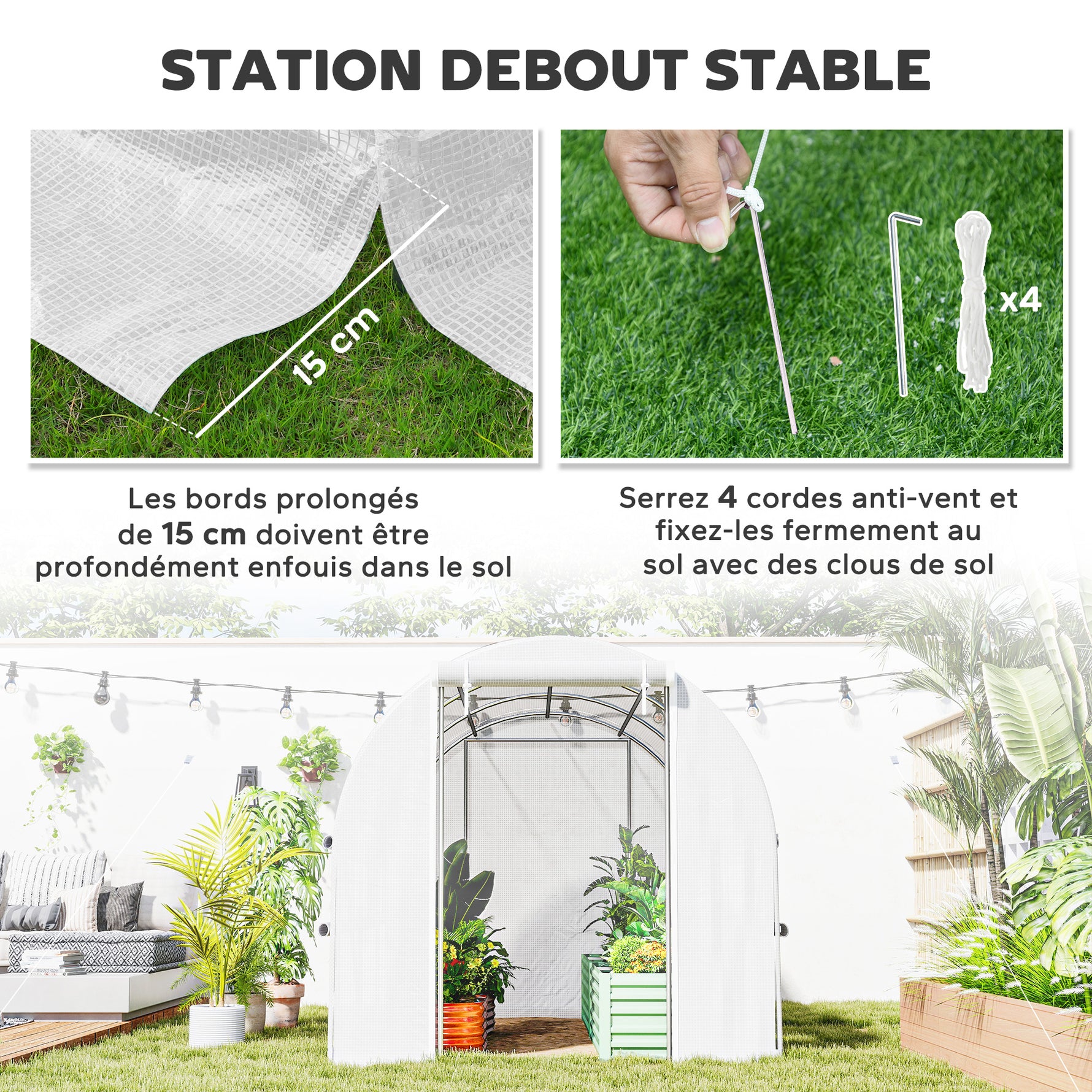 Serre de jardin tunnel serre tunnel 6 m² avec 6 fenêtres porte enroulable toile PE structure en acier galvanisé blanc