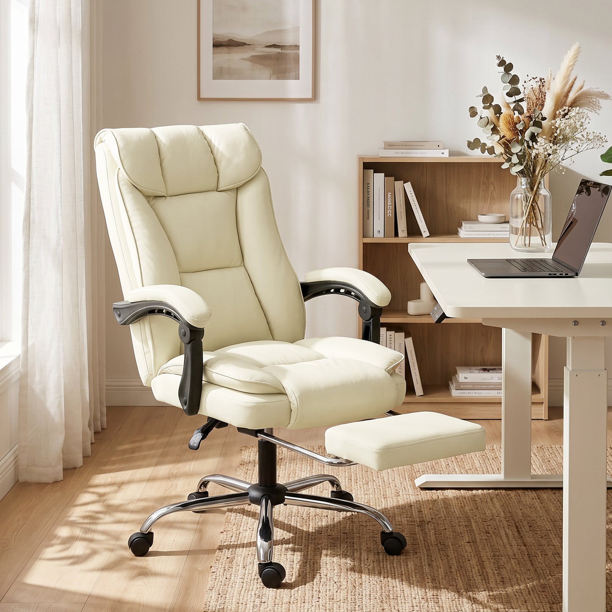 Chaise de bureau ergonomique, fauteuil de bureau inclinable avec repose-pieds, hauteur réglable, pivotante 360°, beige
