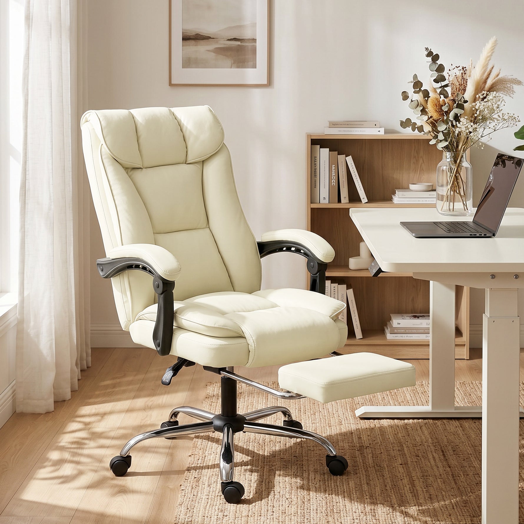 Chaise de bureau ergonomique, fauteuil de bureau inclinable avec repose-pieds, hauteur réglable, pivotante 360°, beige
