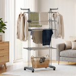 Séchoir à linge pliable 4 niveaux avec roulettes, étendoir linge intérieur avec ailes latérales, cadre en acier, gris