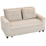 Canapé convertible 2 places canapé-lit en velours côtelé 157x190cm dossier réglable poches latérales et 2 coussins crème