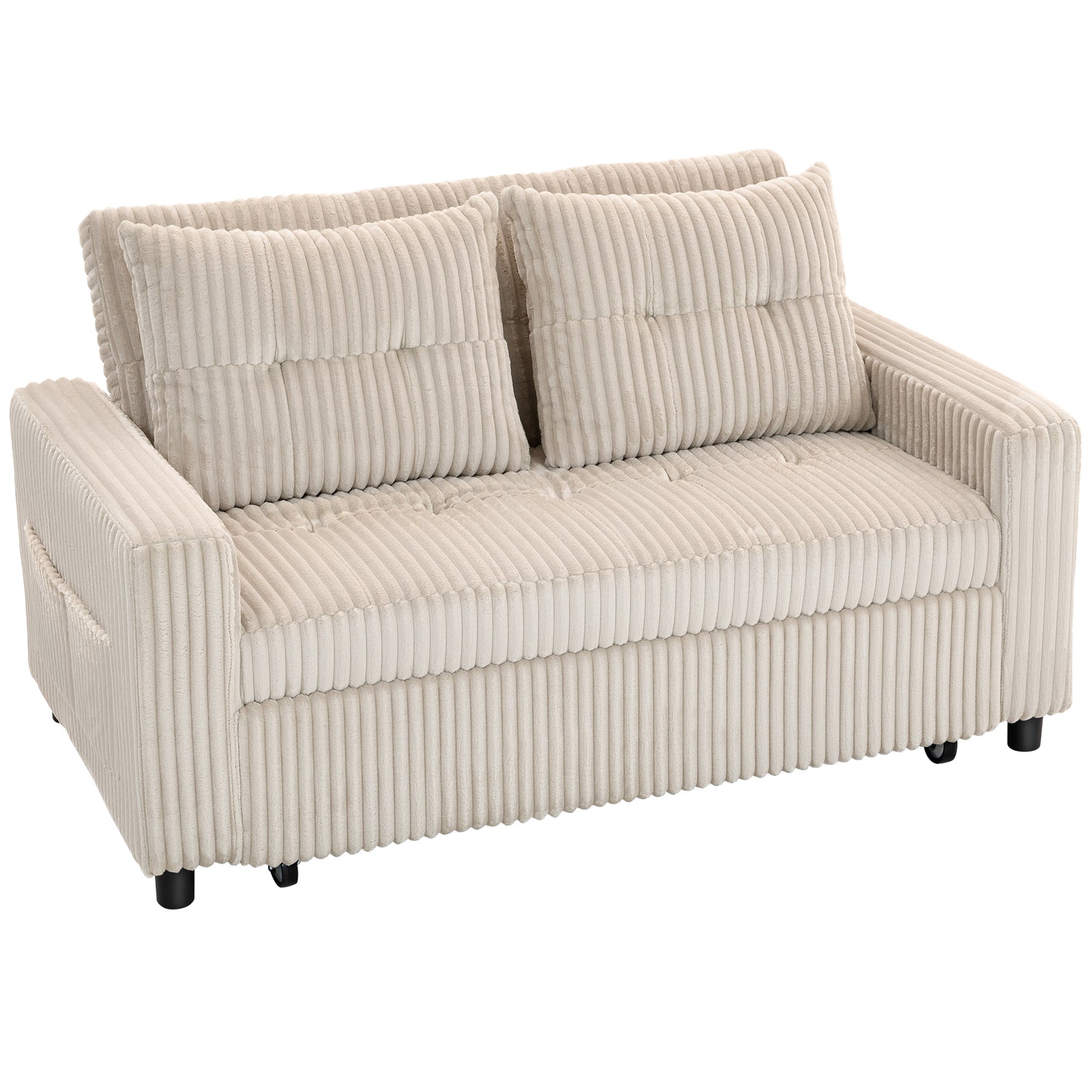 Canapé convertible 2 places canapé-lit en velours côtelé 157x190cm dossier réglable poches latérales et 2 coussins crème
