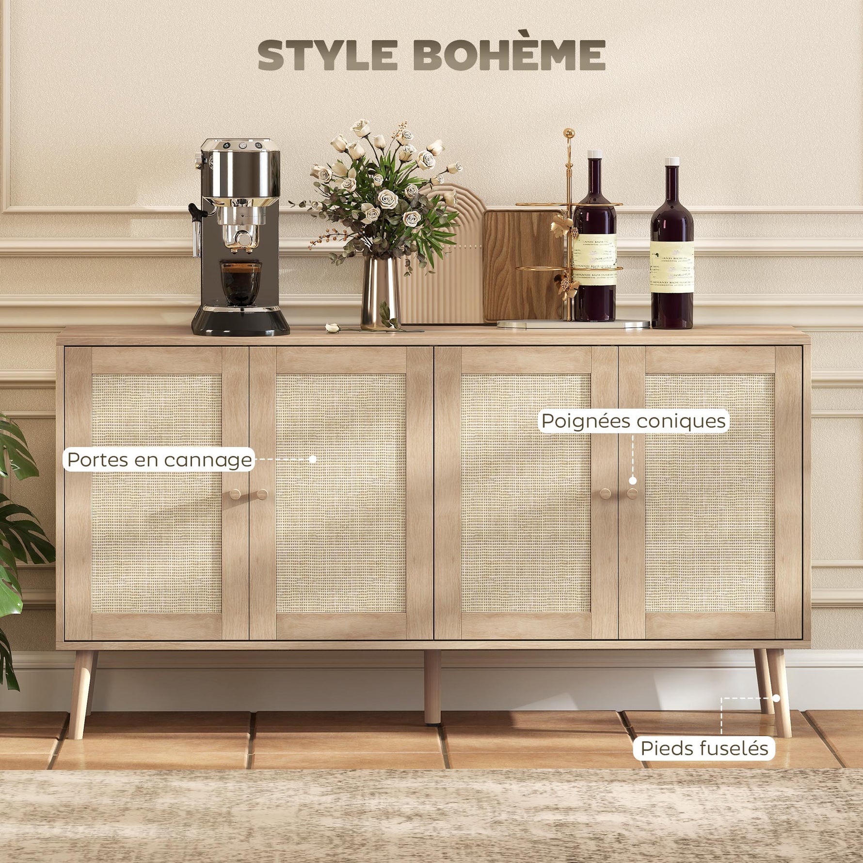 Buffet salon meuble de rangement placards à portes en cannage et étagère réglable 140 x 40 x 75 cm effet bois naturel