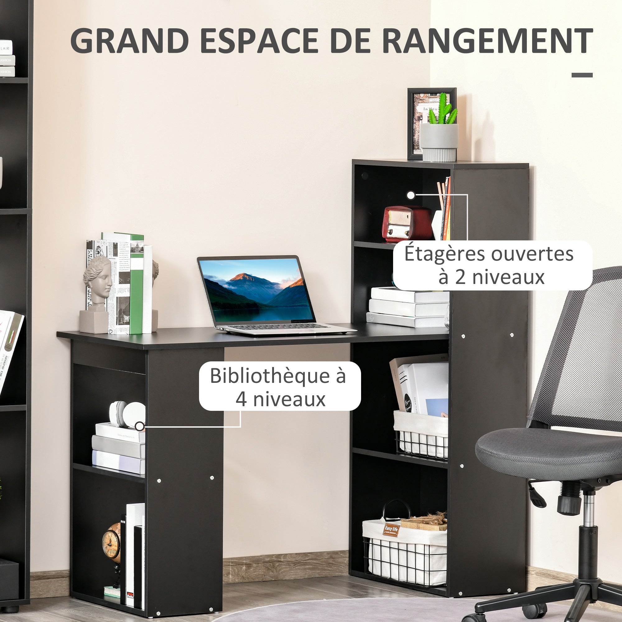 Bureau informatique, bureau avec rangement, 6 compartiments ouverts, table d'ordinateur pour chambre, studio