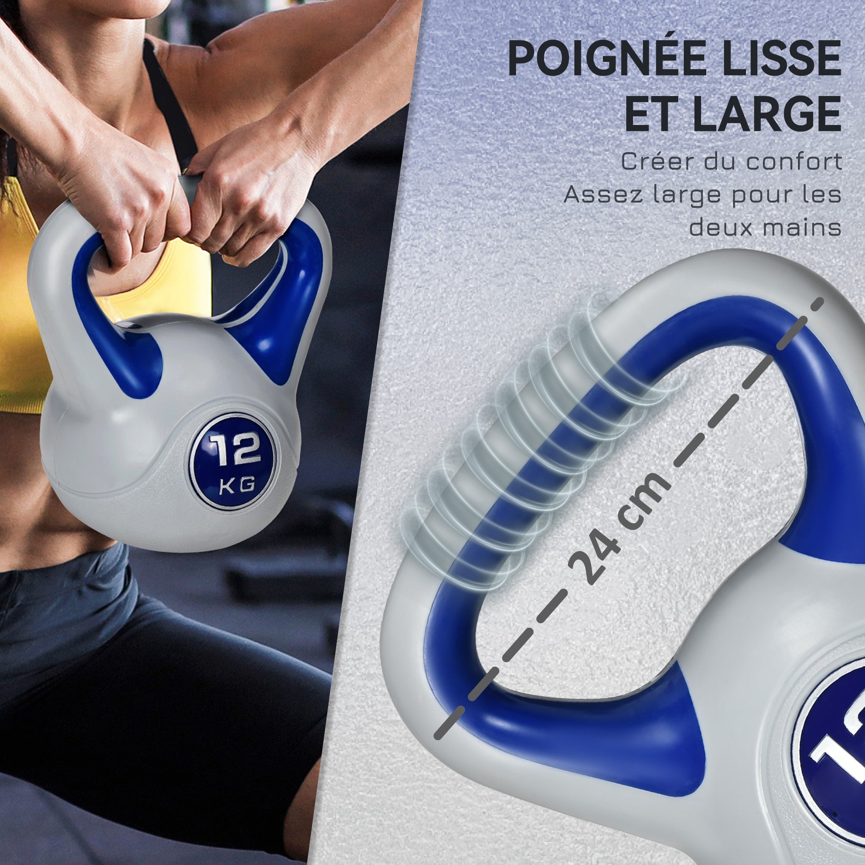 Kettlebell 12 kg, haltère avec poignée ergonomique, haltère à boule, musculation, entraînement, 24 x 17 x 28 cm, bleu