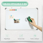 Tableau blanc magnétique cadre aluminium 90 x 60 cm avec feutres, effaceur et aimants