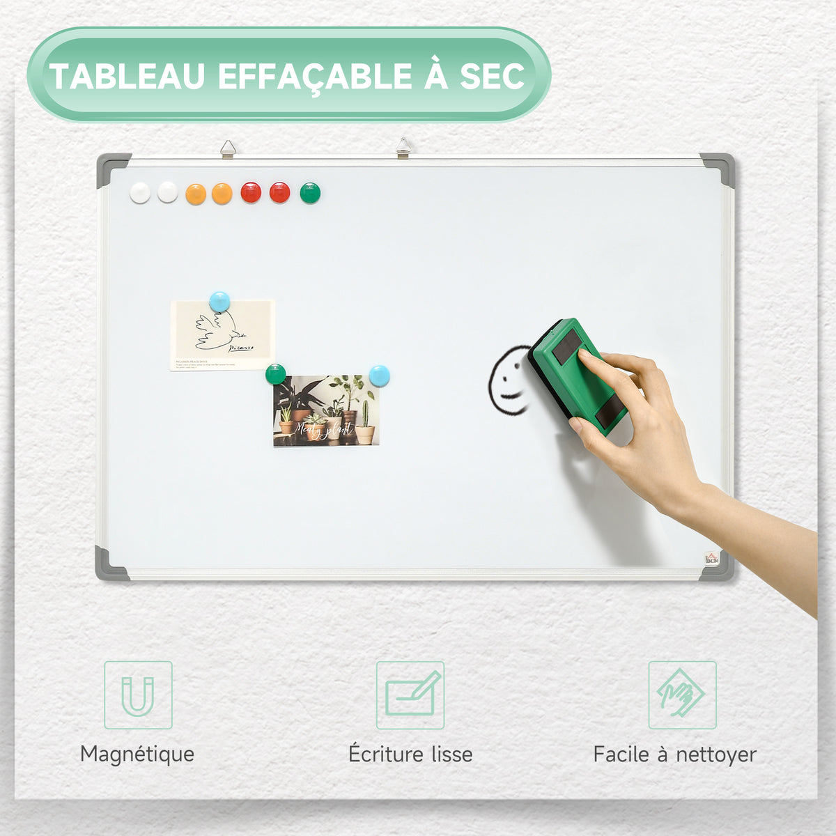 Tableau blanc magnétique cadre aluminium 90 x 60 cm avec feutres, effaceur et aimants