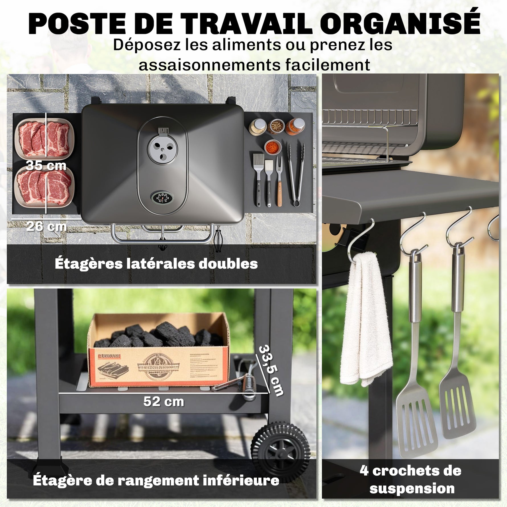 Barbecue Charbon de Bois Chariot Grill de Jardin avec Couvercle XXL Bac à Charbon et Évents Réglables 112cm Noir