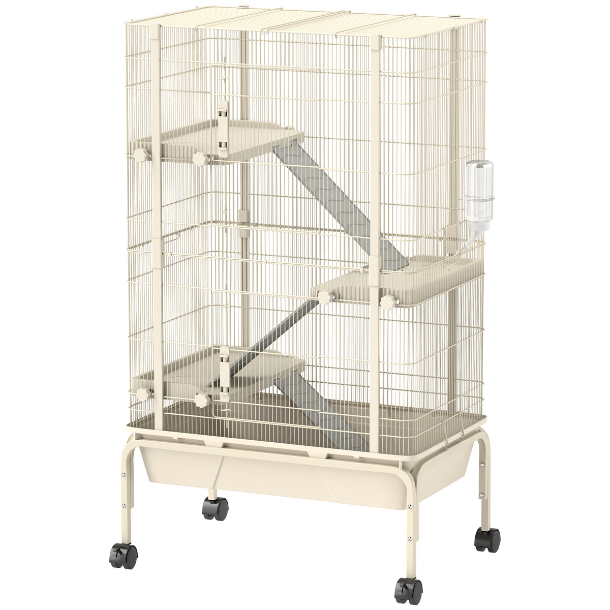 Cage pour lapin enclos à 4 niveaux avec 2 portes 3 rampes plateau profond roulettes 69 x 44 x 120 cm beige