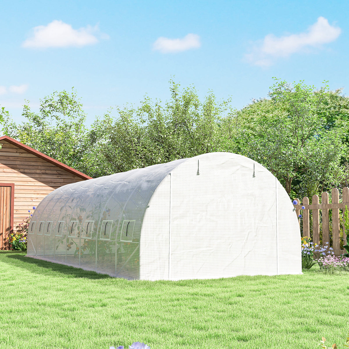 Serre de jardin tunnel 24m² 8L x 3l x 2H m - 16 fenêtres, Porte zippée enroulable acier galvanisé, bâche PE, Blanc