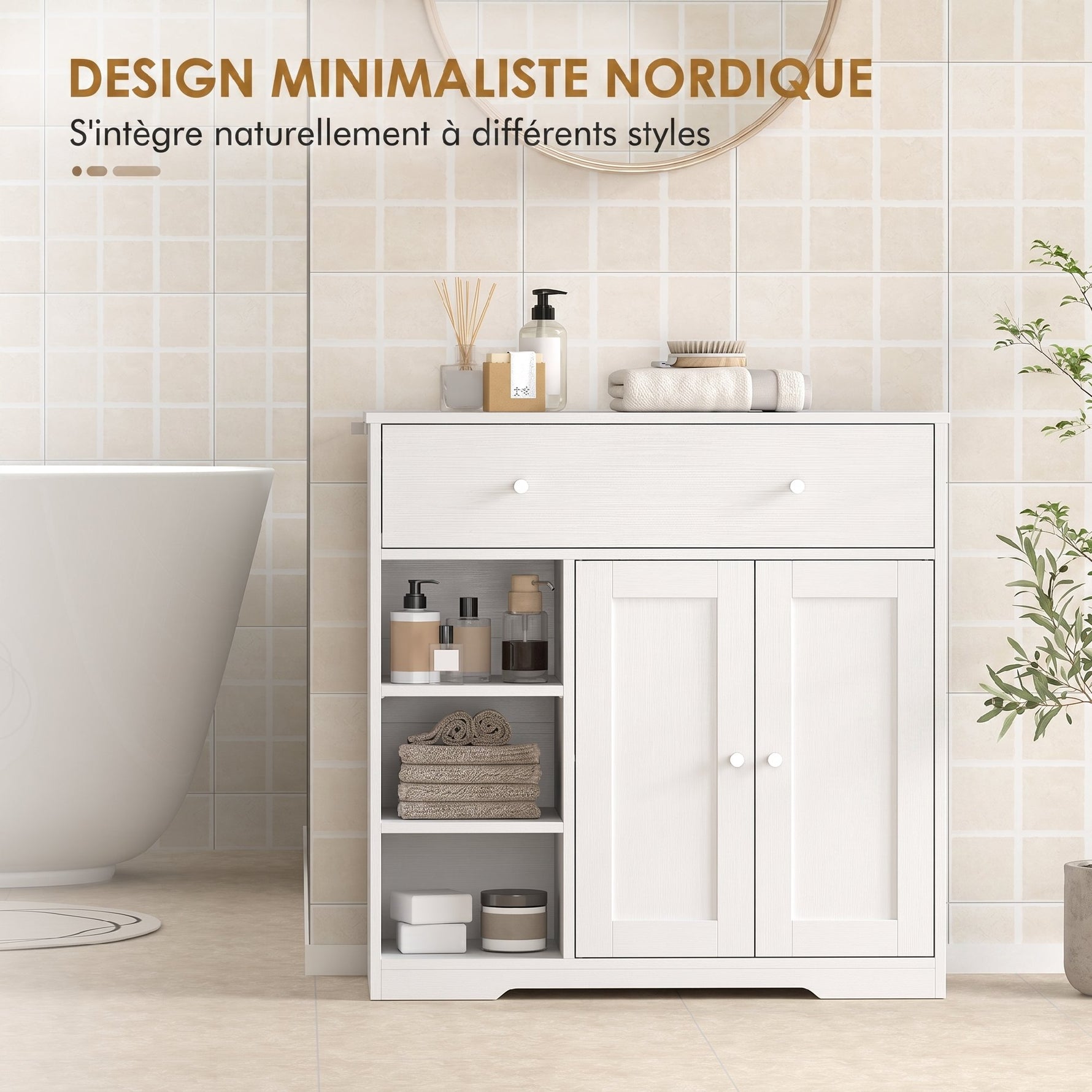 Meuble de Salle de Bain avec 1 Tiroir, 2 Portes, 3 Compartiments Ouverts, Style Scandinave, 80x30x80,2cm, Blanc
