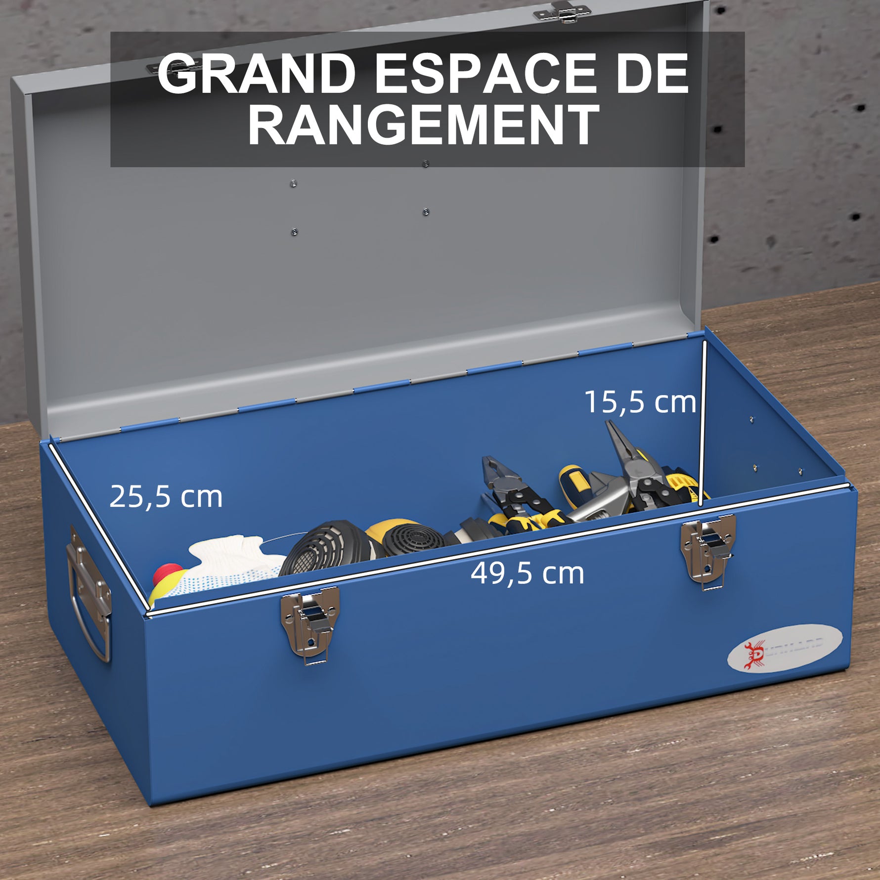 Caisse boite à outils en métal transportable avec 3 poignées, 2 loquets, dim. 50L x 26l x 18,5H cm, bleu